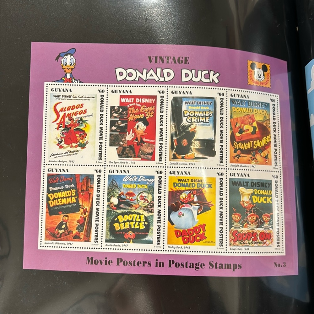 Vintage Donald Duck movie posters in postage stamps
